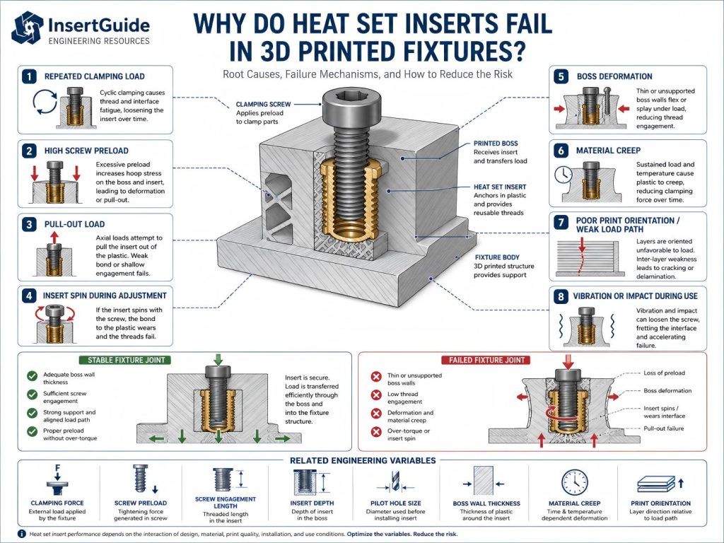 Engineering diagram showing why heat set inserts fail in 3D printed fixtures due to repeated clamping, preload loss, pull-out load, boss deformation, material creep, and poor print orientation.