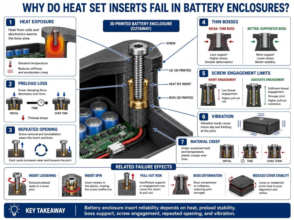 Engineering diagram showing why heat set inserts fail in 3D printed battery enclosures due to heat exposure, preload loss, repeated opening, thin bosses, screw engagement limits, vibration, and material creep.