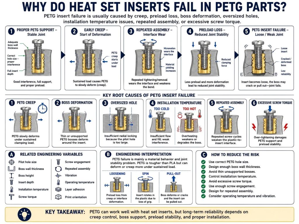 Engineering diagram showing why heat set inserts fail in PETG parts due to PETG creep, preload loss, boss deformation, oversized holes, installation temperature issues, and repeated assembly.