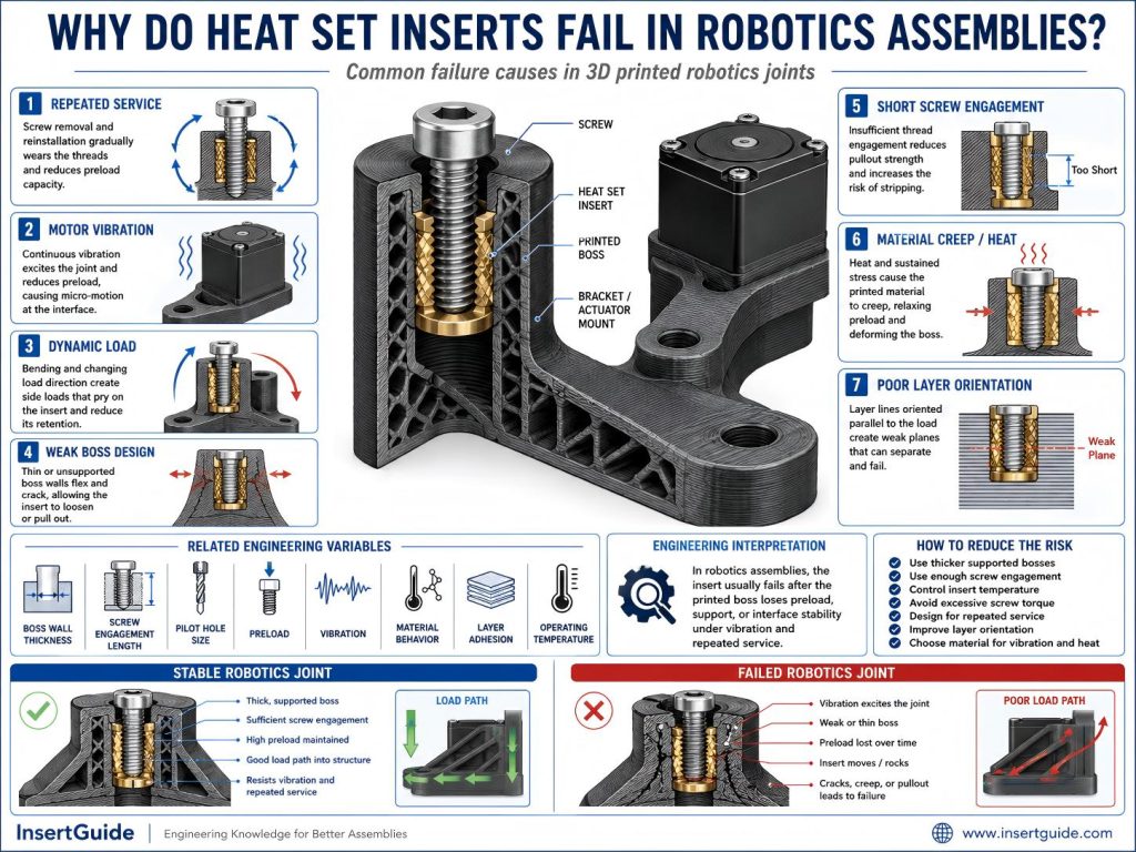 Engineering diagram showing why heat set inserts fail in 3D printed robotics assemblies due to vibration, repeated service, dynamic load, weak boss design, screw engagement, and layer orientation.