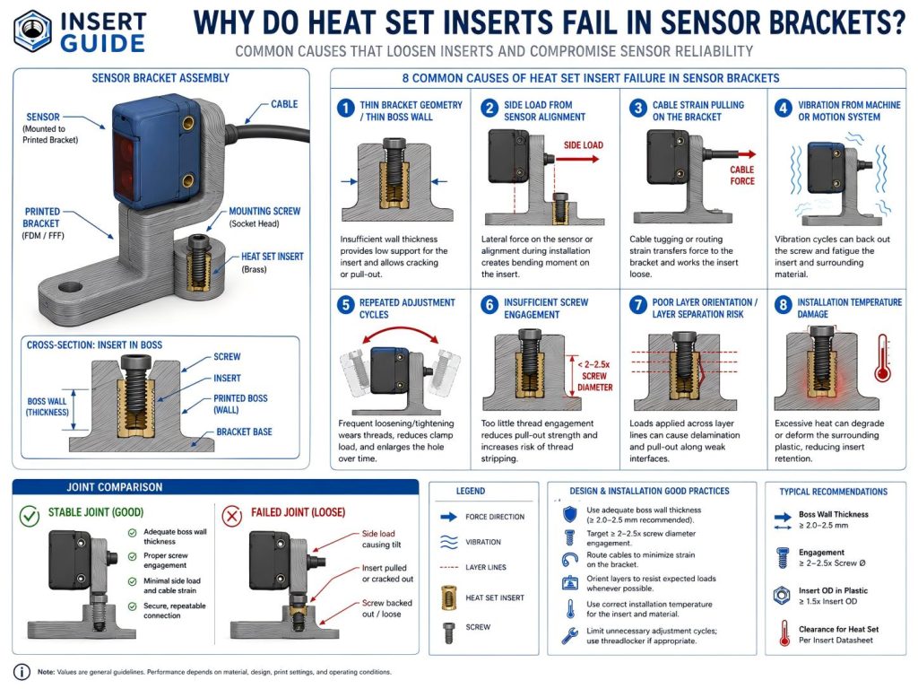Engineering diagram showing why heat set inserts fail in 3D printed sensor brackets due to vibration, side load, cable strain, repeated adjustment, thin boss geometry, screw engagement, and layer orientation.