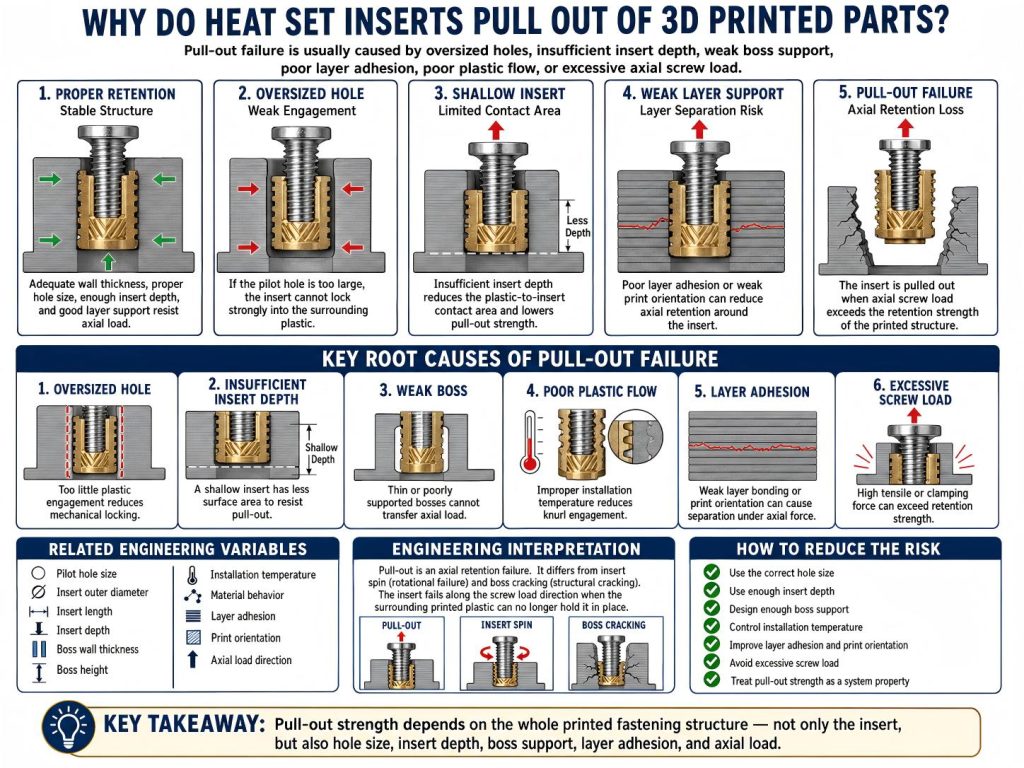 Engineering diagram showing why heat set inserts pull out of 3D printed parts due to oversized holes, insufficient insert depth, weak boss support, layer adhesion failure, and axial screw load.