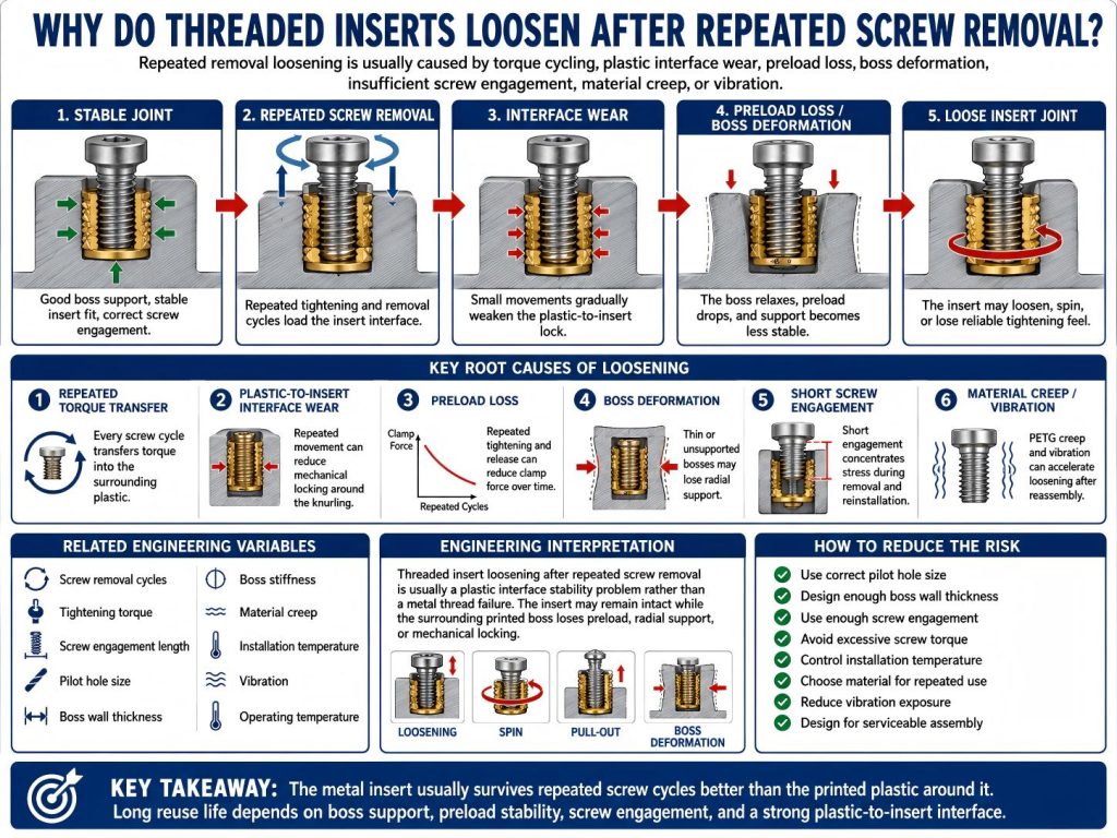 Engineering diagram showing why threaded inserts loosen after repeated screw removal in 3D printed parts due to torque cycling, plastic interface wear, preload loss, boss deformation, and screw engagement length.