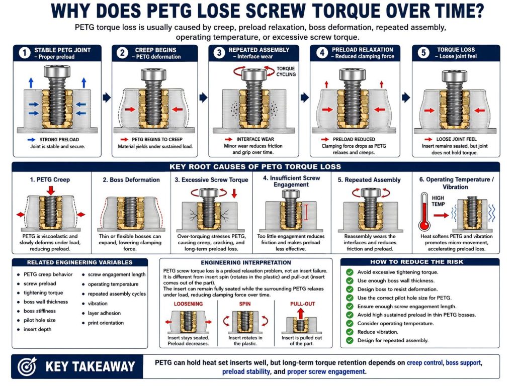 Engineering diagram showing why PETG loses screw torque over time due to creep, preload relaxation, boss deformation, repeated assembly, vibration, and operating temperature.