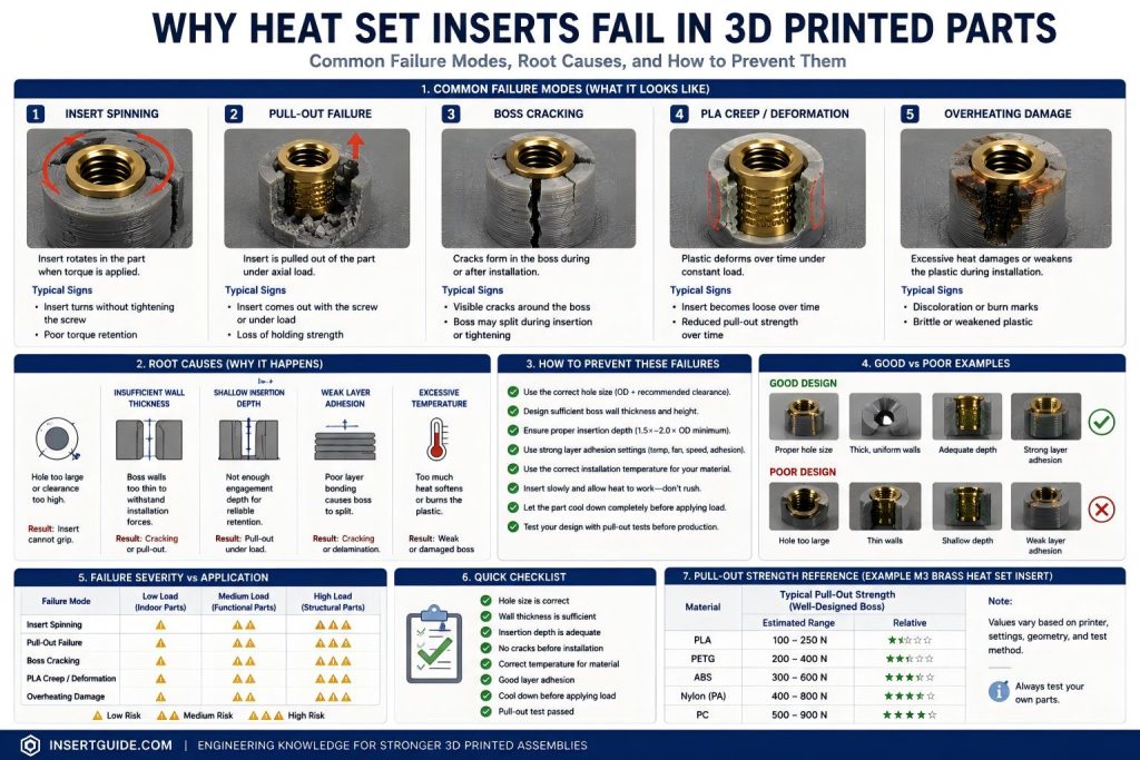Technical failure analysis infographic showing why heat set inserts fail in 3D printed parts, including insert spinning, pull-out failure, boss cracking, PLA creep deformation, overheating damage, incorrect hole size, weak layer adhesion, and poor boss design examples.