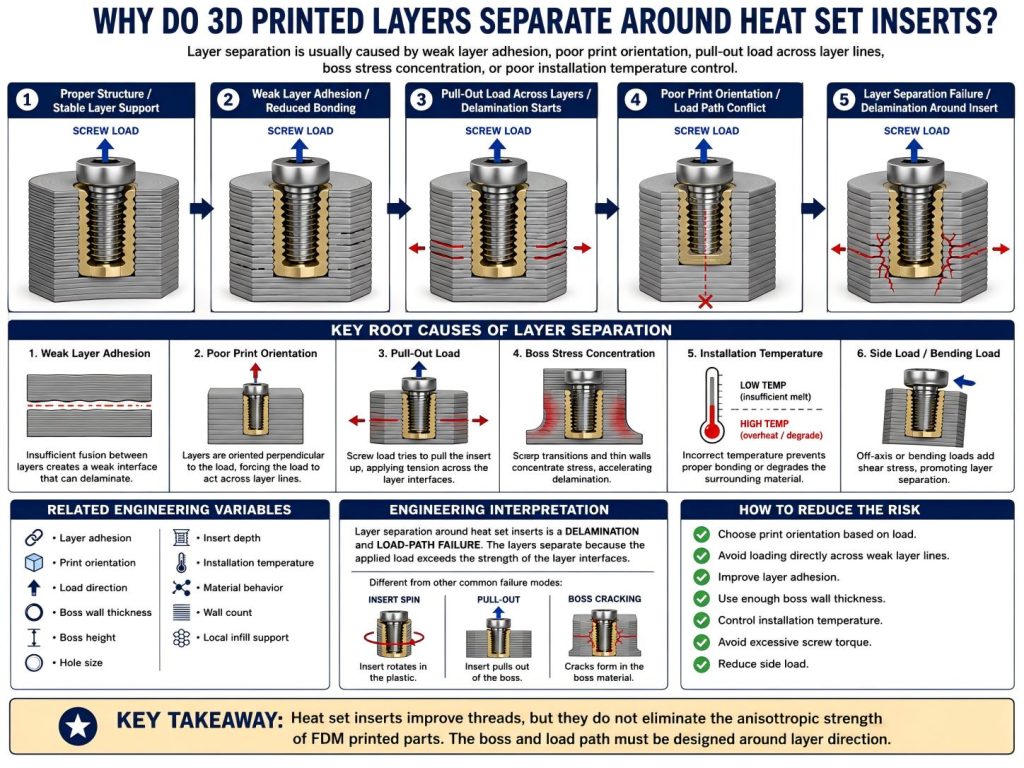 Engineering diagram showing why 3D printed layers separate around heat set inserts due to weak layer adhesion, print orientation, pull-out load, boss stress concentration, and installation temperature issues.