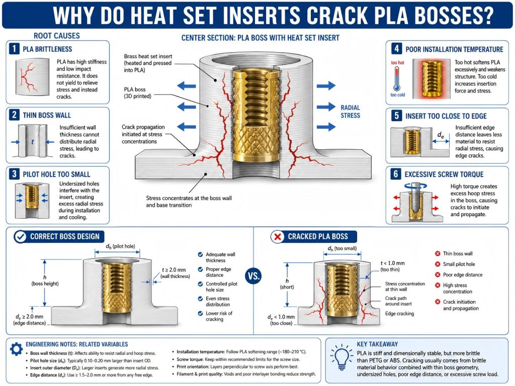 Engineering diagram showing why heat set inserts crack PLA bosses due to PLA brittleness, thin boss walls, small pilot holes, radial stress, installation temperature, and screw torque.