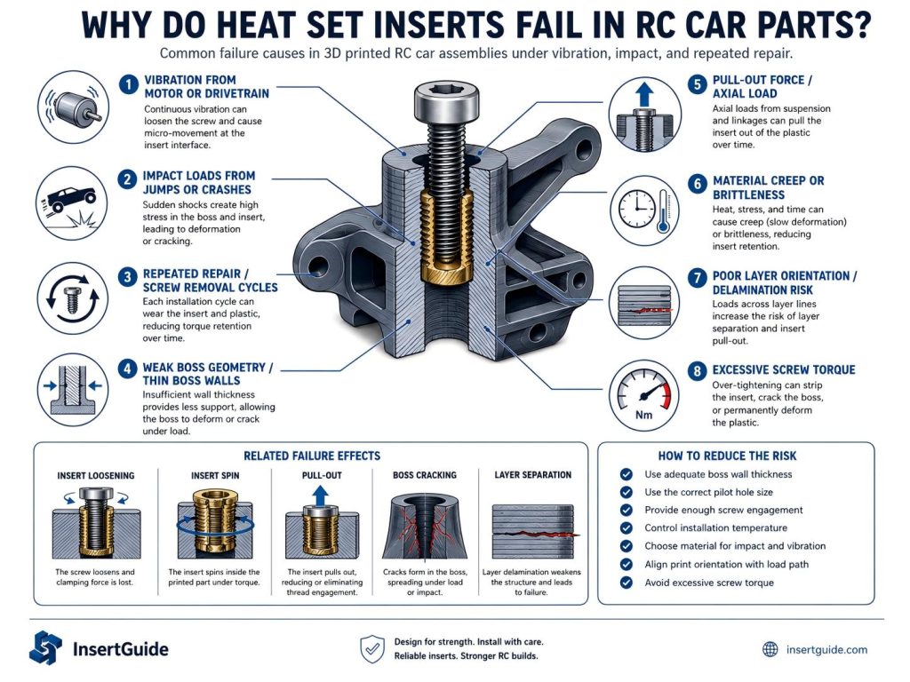 Engineering diagram showing why heat set inserts fail in 3D printed RC car parts due to vibration, impact loads, repeated repair, weak boss geometry, pull-out force, material creep, and layer orientation.