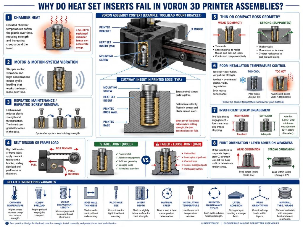 Engineering diagram showing why heat set inserts fail in Voron 3D printer assemblies due to chamber heat, vibration, repeated maintenance, belt tension, weak boss geometry, screw preload loss, and material creep.
