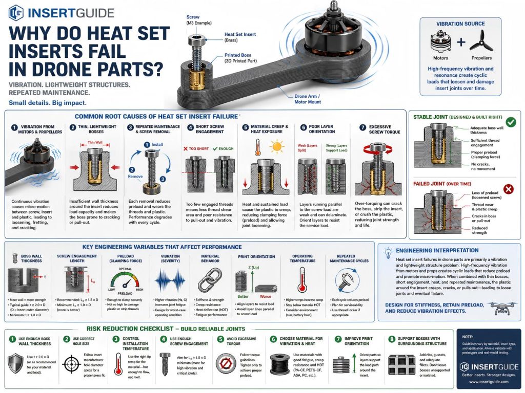 Engineering diagram showing why heat set inserts fail in 3D printed drone parts due to vibration, thin bosses, repeated maintenance, screw preload loss, material creep, and layer orientation.