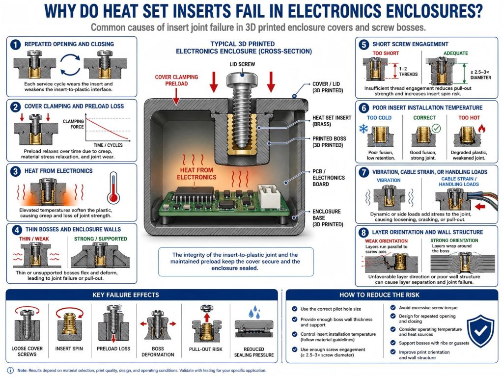 Engineering diagram showing why heat set inserts fail in 3D printed electronics enclosures due to repeated opening, heat exposure, preload loss, thin bosses, screw engagement limits, vibration, cable strain, and material creep.