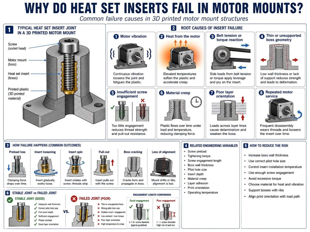 Engineering diagram showing why heat set inserts fail in 3D printed motor mounts due to motor vibration, heat, belt tension, weak boss geometry, screw engagement, and material creep.