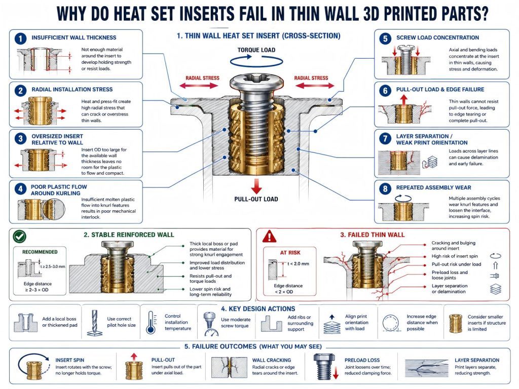 Engineering diagram showing why heat set inserts fail in thin wall 3D printed parts due to insufficient wall thickness, radial stress, weak boss support, pull-out load, insert spin, and layer separation.