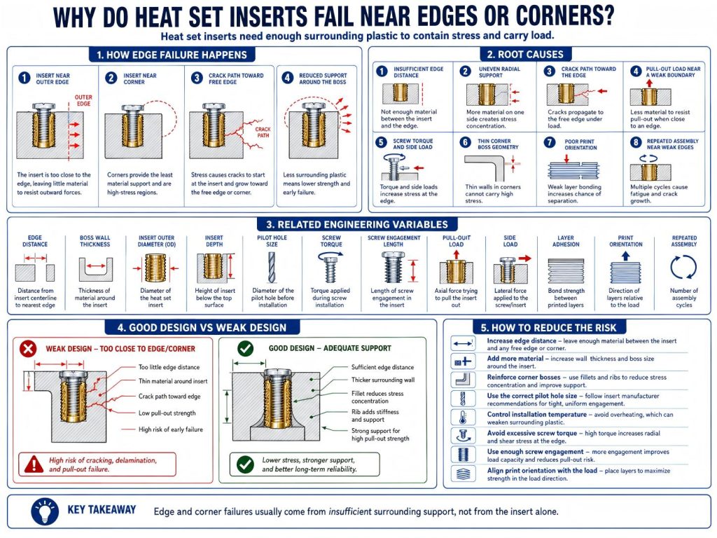 Engineering diagram showing why heat set inserts fail near edges or corners in 3D printed parts due to insufficient edge distance, radial stress, weak boss support, pull-out load, insert spin, and layer separation.