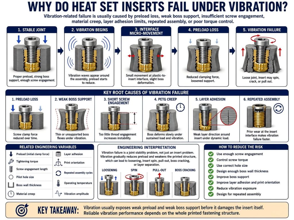 Engineering diagram showing why heat set inserts fail under vibration in 3D printed parts due to preload loss, weak boss support, PETG creep, insufficient screw engagement, layer adhesion limits, and repeated assembly.