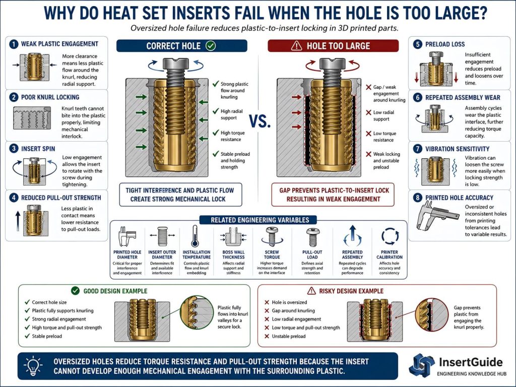 Engineering diagram showing why heat set inserts fail when the hole is too large due to weak plastic engagement, poor knurl locking, insert spin, pull-out load, and preload loss.