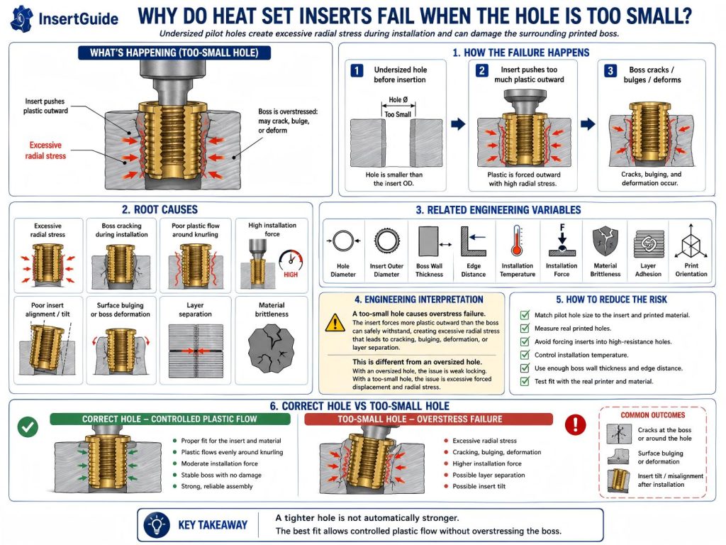 Engineering diagram showing why heat set inserts fail when the hole is too small due to excessive radial stress, boss cracking, poor plastic flow, deformation, and layer separation.