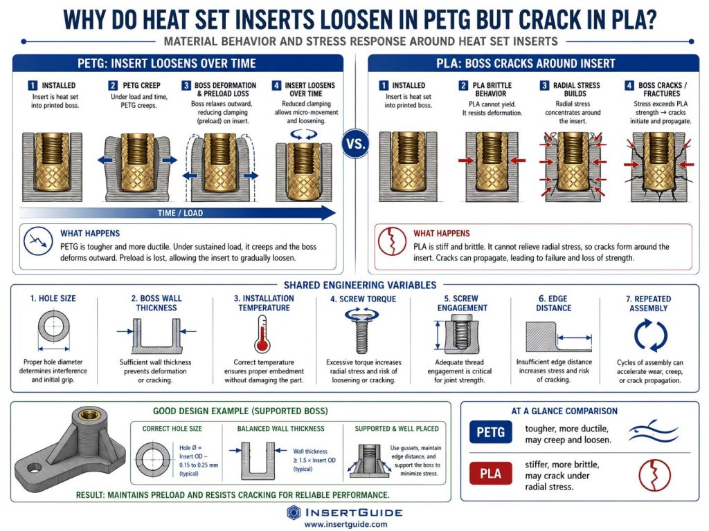Engineering diagram comparing why heat set inserts loosen in PETG but crack in PLA due to PETG creep, preload loss, PLA brittleness, radial stress, boss design, hole size, and screw torque.