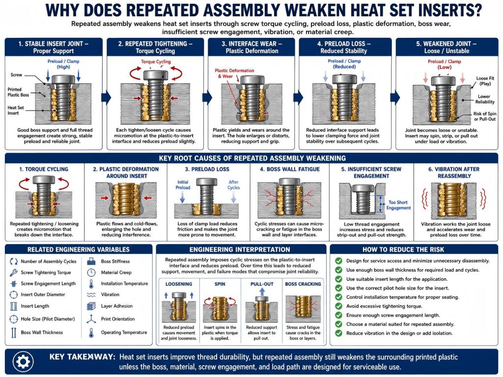 Engineering diagram showing how repeated assembly weakens heat set inserts in 3D printed parts through torque cycling, preload loss, plastic deformation, boss wear, screw engagement, and vibration.
