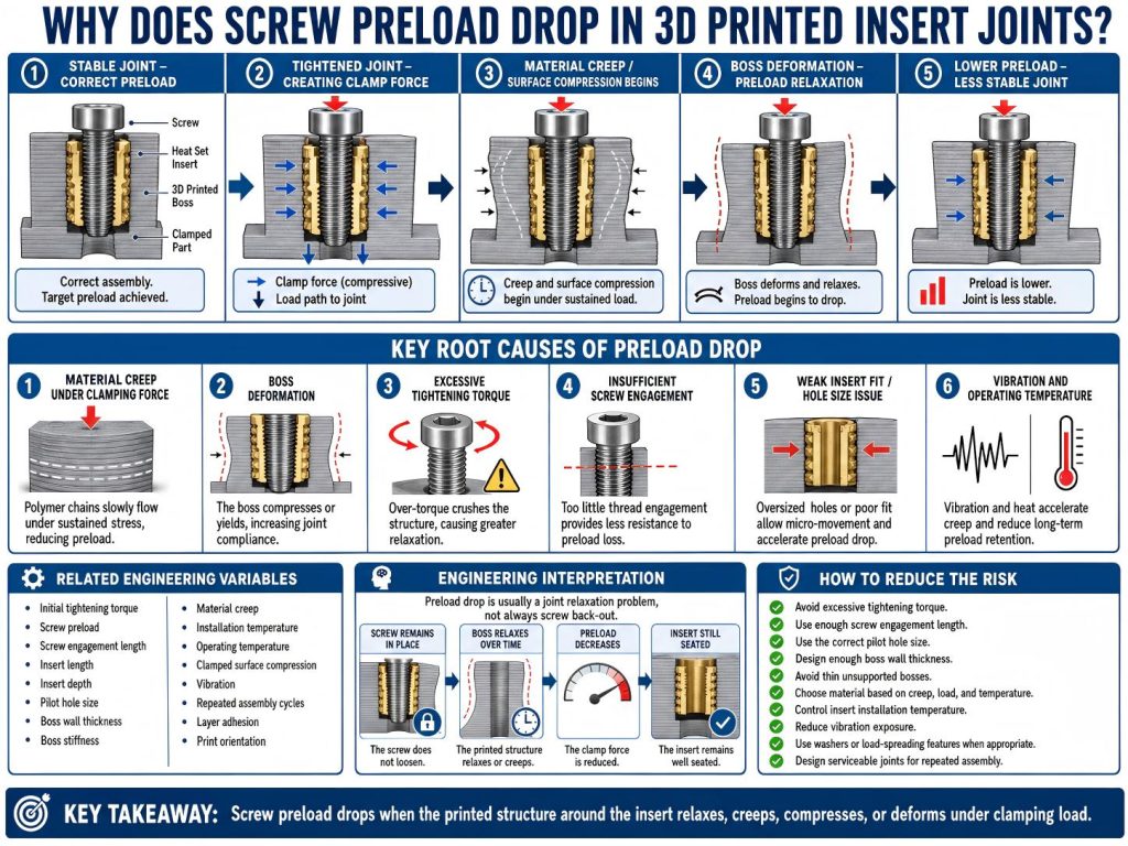 Engineering diagram showing why screw preload drops in 3D printed insert joints due to plastic creep, boss deformation, screw torque, vibration, operating temperature, and insufficient screw engagement.
