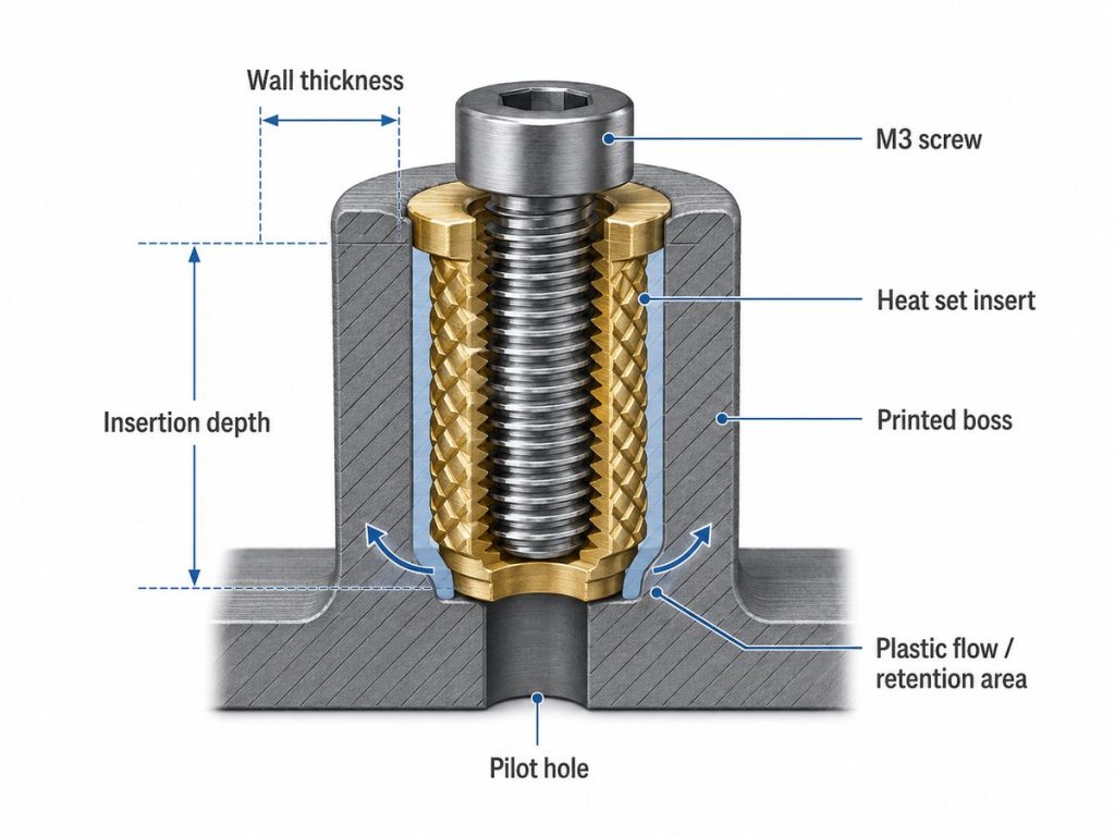 Cross-section engineering diagram of a heat set insert installed in a 3D printed boss structure