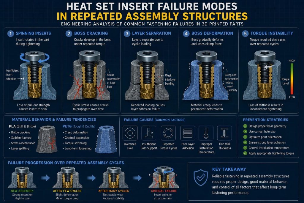 Heat set insert failure modes in repeated assembly structures showing spinning inserts, boss cracking, deformation, and torque instability in 3D printed parts
