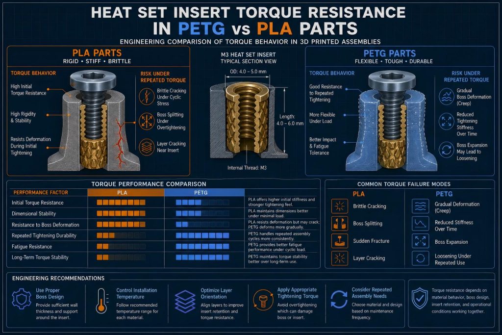 Heat set insert torque resistance comparison in PETG vs PLA parts showing boss deformation, repeated tightening behavior, insert stability, and long-term fastening durability