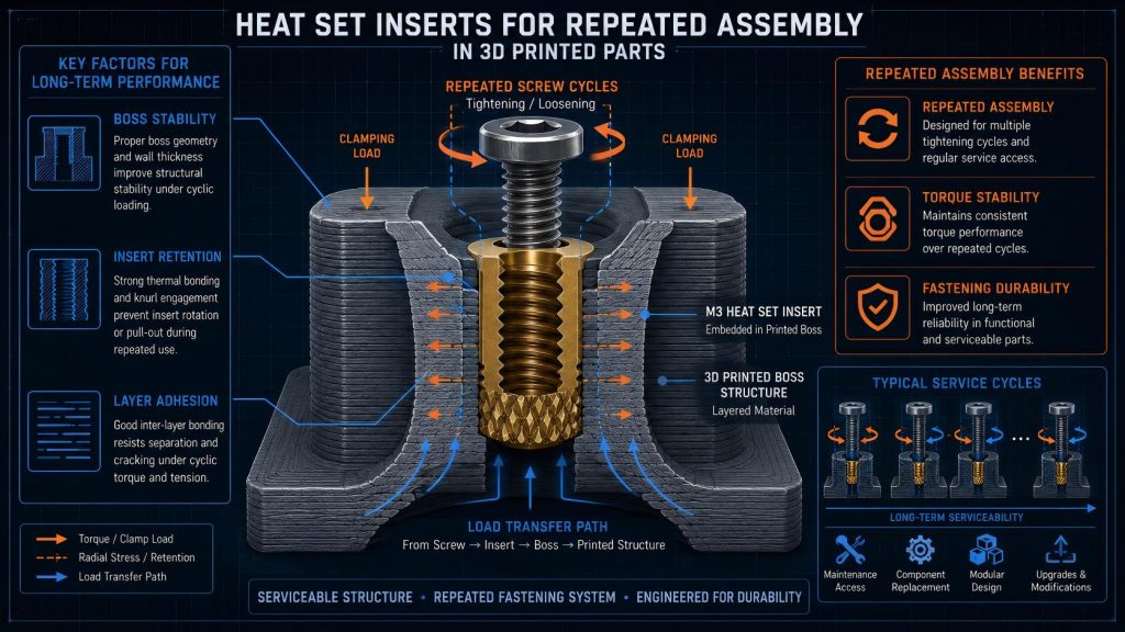 Heat set inserts for repeated assembly in 3D printed parts showing insert retention, boss stability, torque behavior, and fastening durability