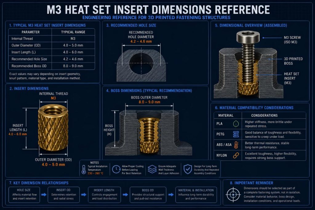 M3 heat set insert dimensions reference for 3D printed parts showing insert outer diameter, length, hole size, boss diameter, and material compatibility