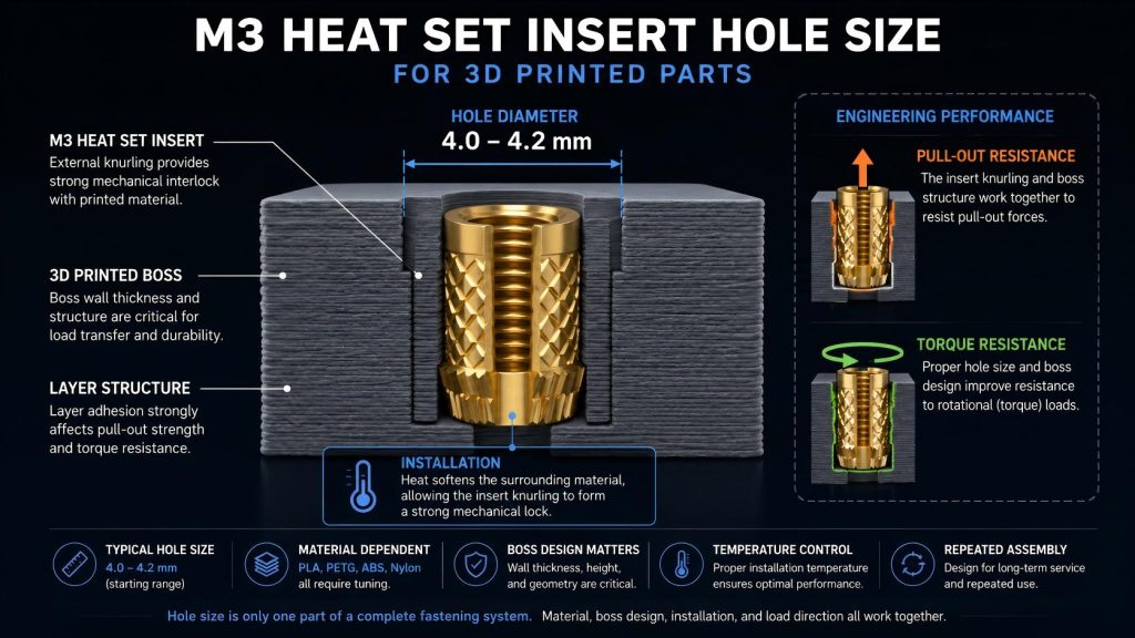 M3 heat set insert hole size diagram for 3D printed boss structures showing pull-out resistance and torque load behavior