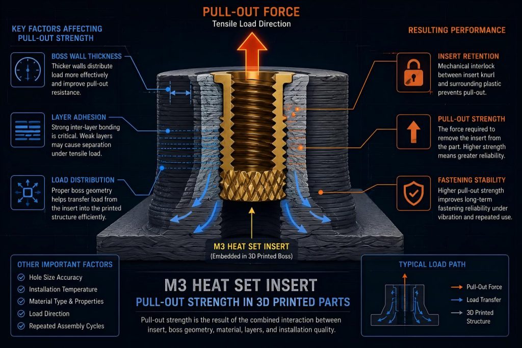M3 heat set insert pull-out strength diagram for 3D printed boss structures showing load distribution and insert retention behavior