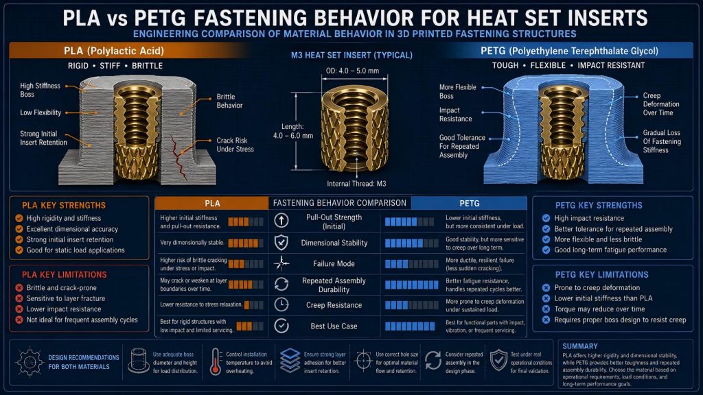 PLA vs PETG fastening behavior comparison for heat set inserts in 3D printed parts showing boss stability, pull-out strength, creep behavior, and repeated assembly durability