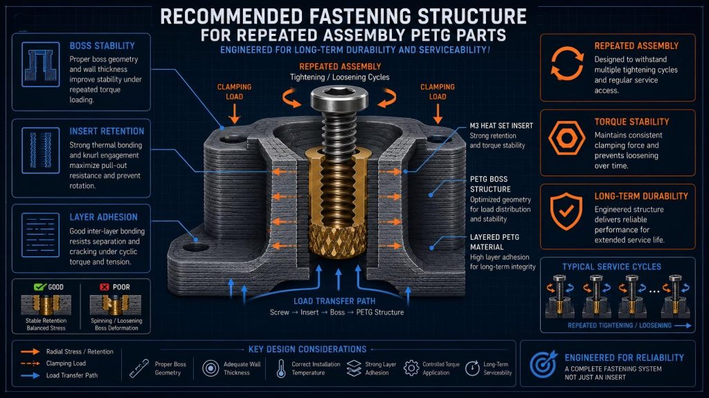 Recommended fastening structure for repeated assembly PETG 3D printed parts showing insert retention, boss stability, torque behavior, and long-term fastening durability