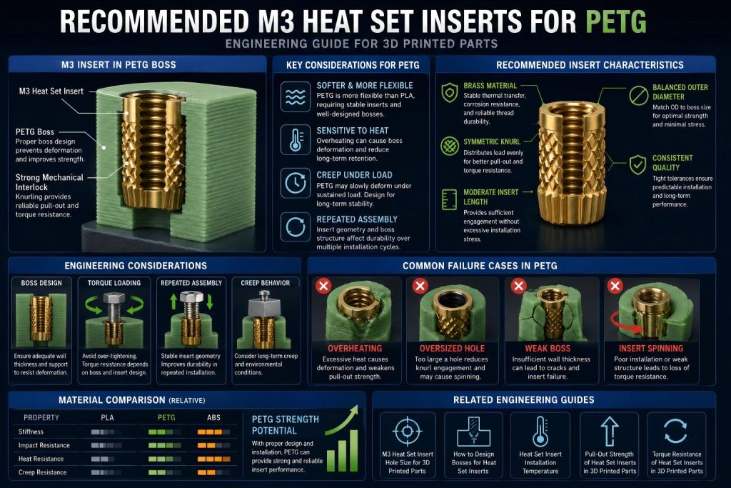 Recommended M3 heat set inserts for PETG 3D printed parts showing boss design, pull-out resistance, torque behavior, and installation stability