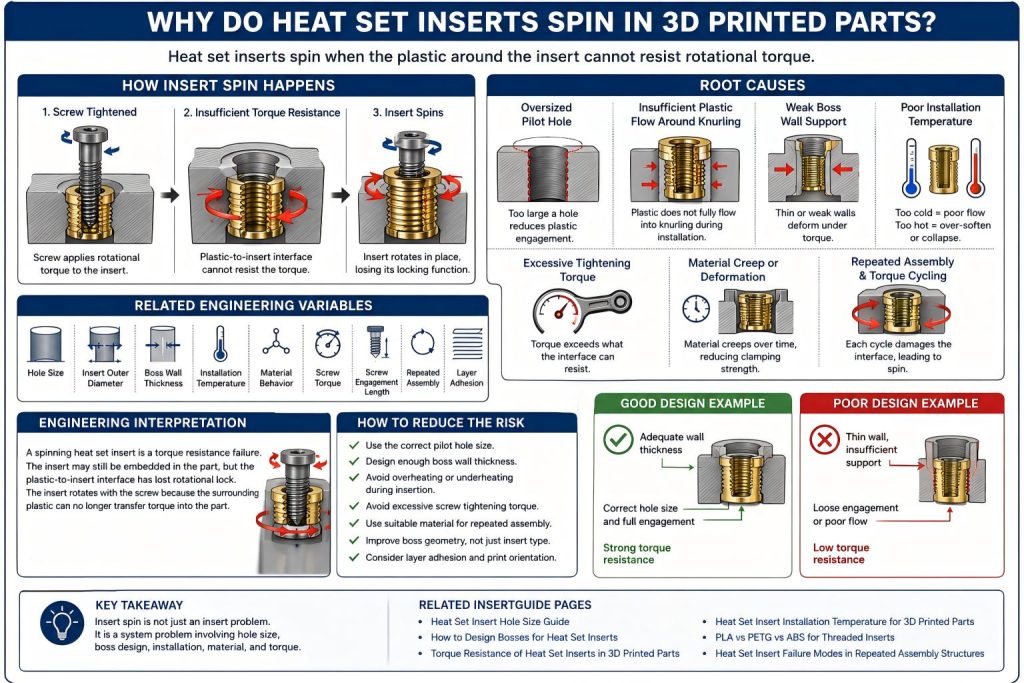 Engineering diagram explaining why heat set inserts spin in 3D printed parts due to oversized holes, weak boss support, poor installation temperature, material creep, and excessive screw torque.