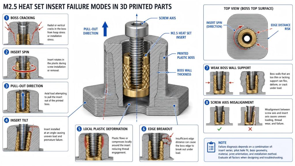 CAD-style failure mode diagram showing an M2.5 heat set insert in a 3D printed plastic boss with labeled boss cracking, insert spin, pull-out direction, insert tilt, local deformation, edge breakout, and screw axis misalignment.