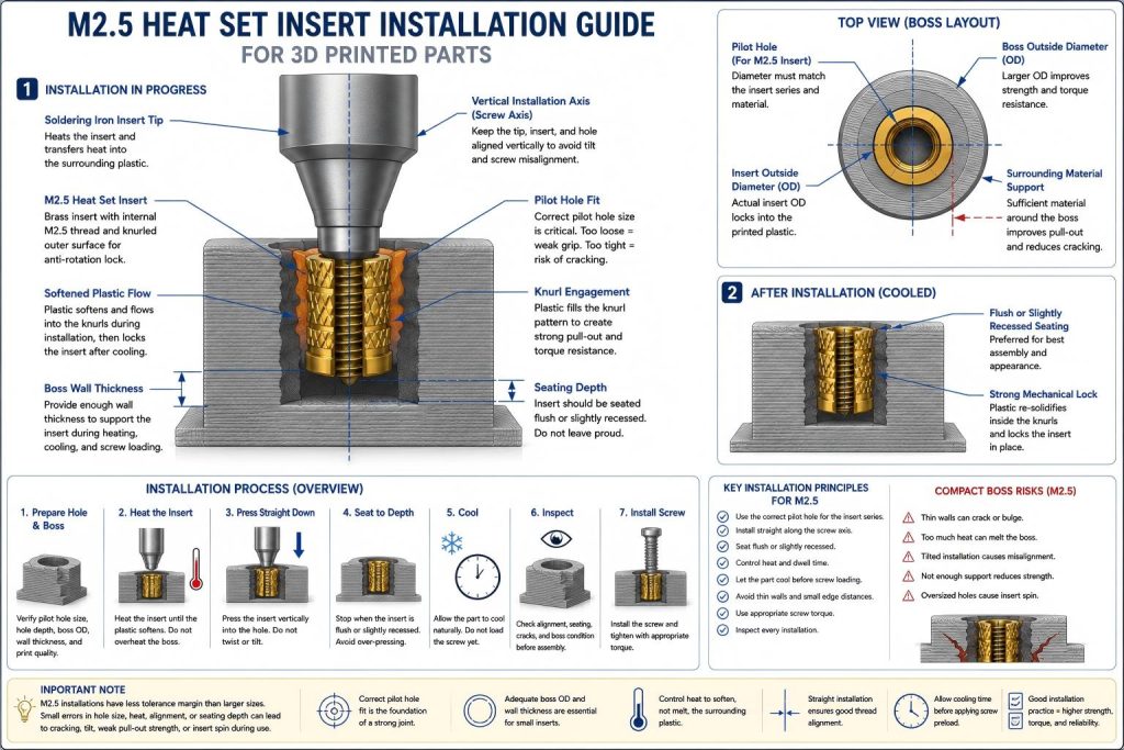 CAD-style cross-section diagram showing M2.5 heat set insert installation in a compact 3D printed plastic boss with soldering iron tip, pilot hole fit, seating depth, boss wall thickness, thin wall risk, softened plastic flow, and surrounding material support.