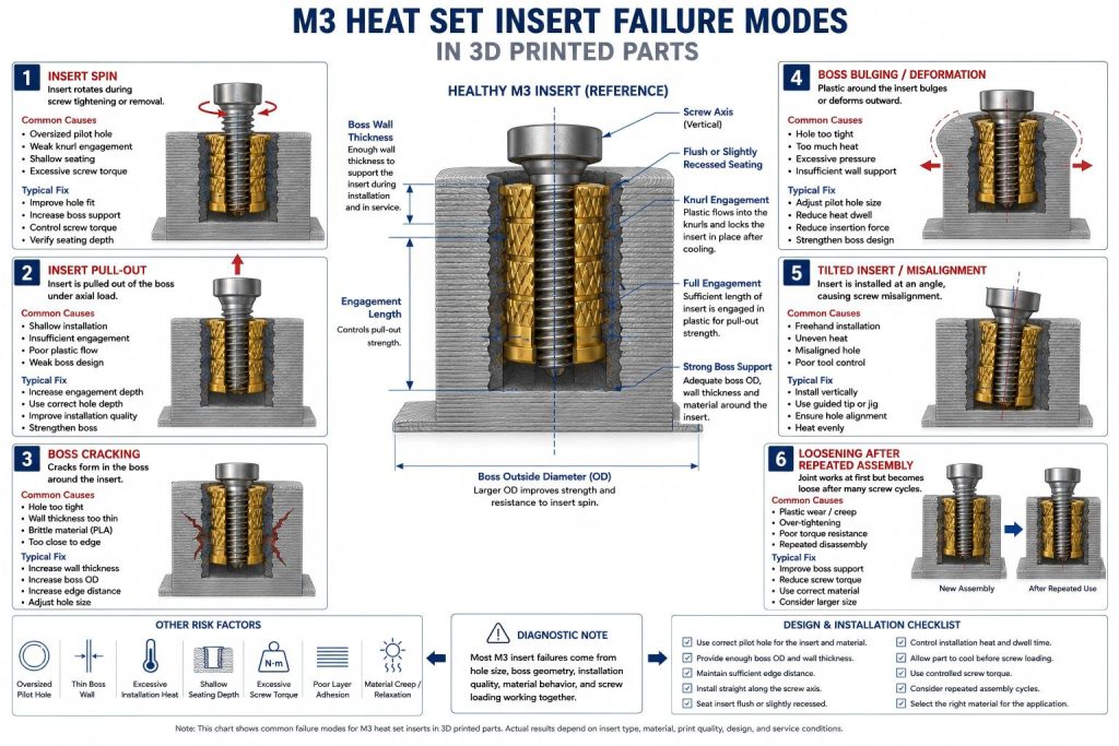 CAD-style failure mode diagram showing M3 heat set insert problems in 3D printed parts including insert spin, pull-out, boss cracking, tilted seating, plastic deformation, and repeated assembly loosening.