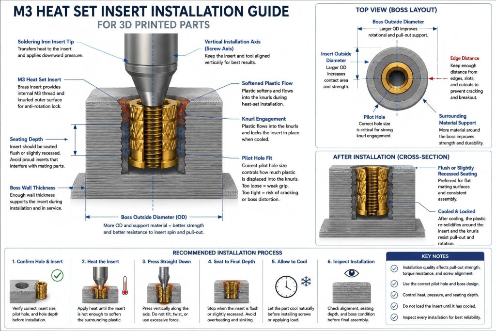 CAD-style cross-section diagram showing M3 heat set insert installation in a 3D printed plastic boss with soldering iron tip, pilot hole fit, seating depth, boss wall thickness, screw axis, softened plastic flow, and surrounding material support.
