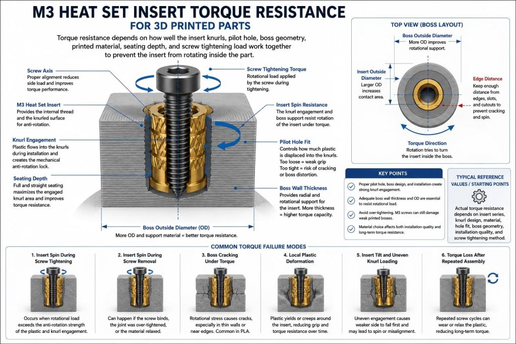 CAD-style cross-section diagram of an M3 heat set insert in a 3D printed plastic boss showing screw tightening torque, insert spin resistance, boss wall thickness, pilot hole fit, knurl engagement, screw axis, and surrounding material support.
