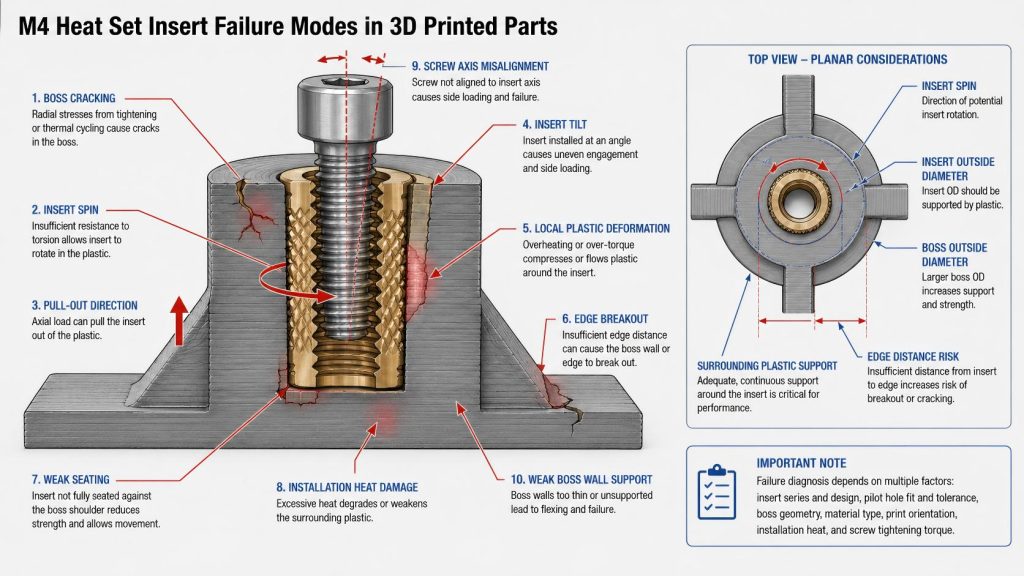 CAD-style failure mode diagram showing an M4 heat set insert in a 3D printed plastic boss with labeled boss cracking, insert spin, pull-out direction, insert tilt, local deformation, edge breakout, weak seating, installation heat damage, and screw axis misalignment.