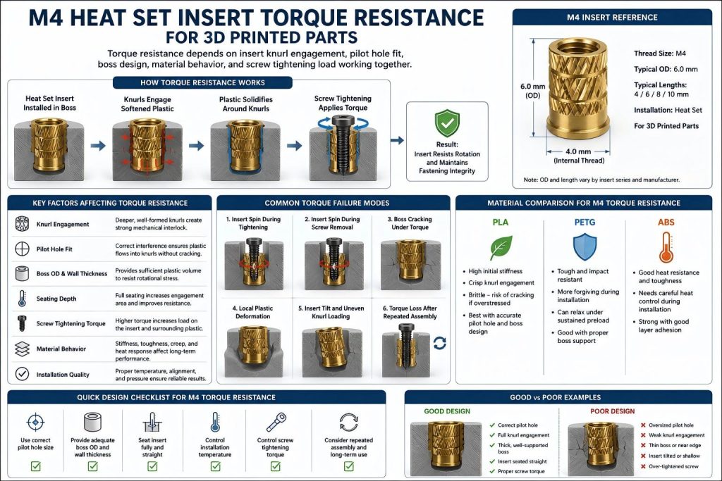 CAD-style cross-section diagram of an M4 heat set insert in a 3D printed plastic boss showing screw tightening torque, insert spin resistance, knurl engagement, pilot hole fit, boss wall thickness, boss outside diameter, screw axis, and surrounding material support.