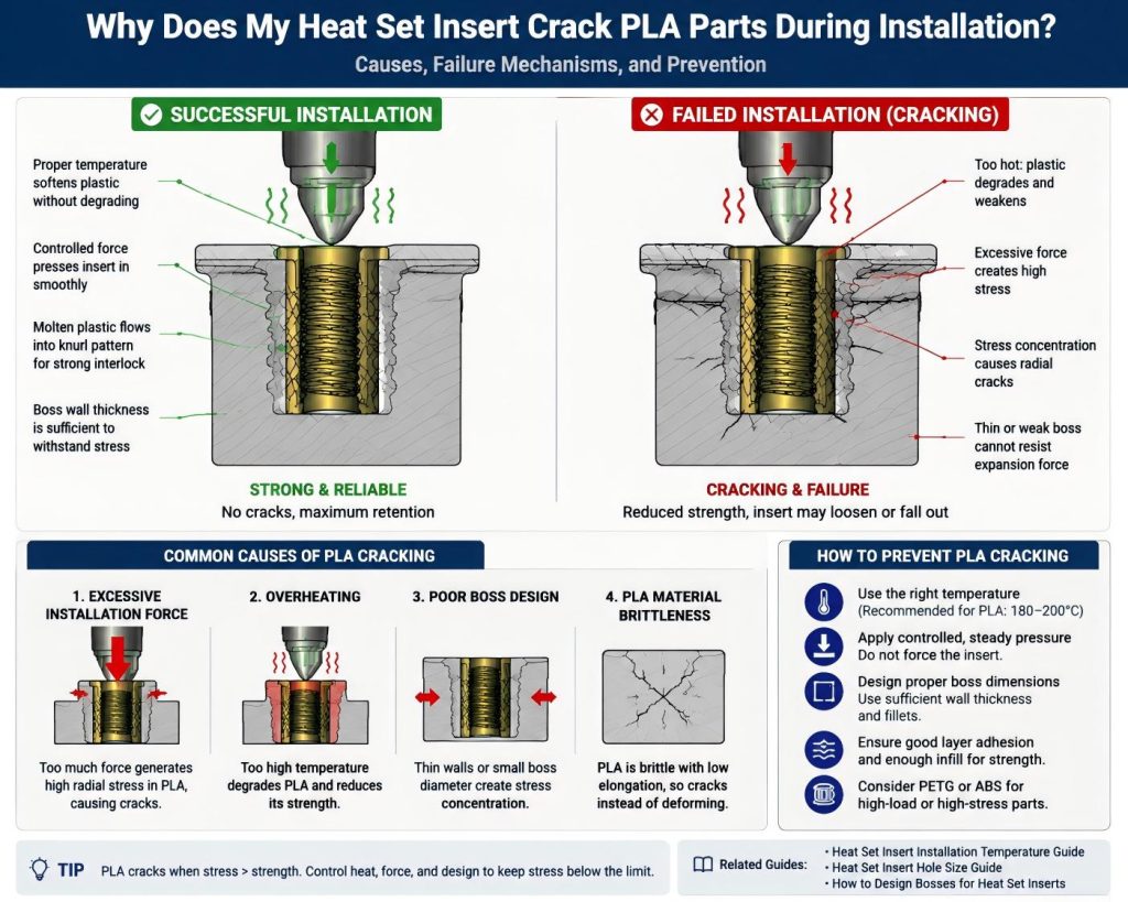 Heat set insert cracking PLA boss during installation showing stress failure and fracture around insert