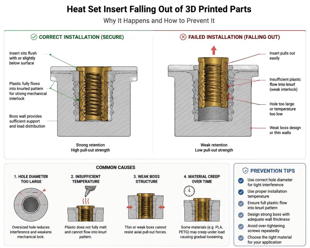 Heat set insert falling out of 3D printed plastic part showing weak retention failure mechanism