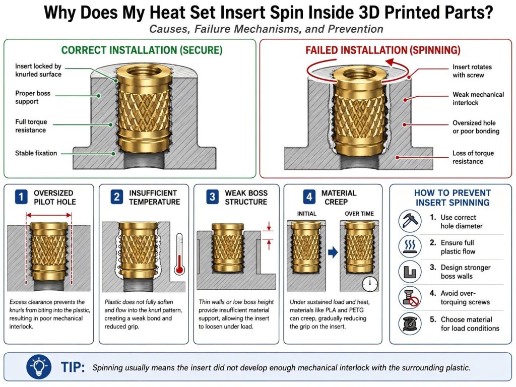 Heat set insert rotating inside 3D printed plastic part showing rotational failure and loss of grip