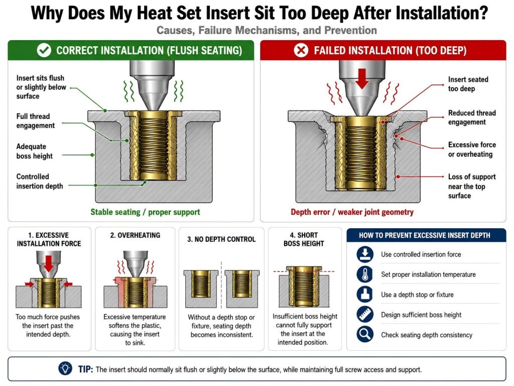 Heat set insert installed too deep in 3D printed part showing incorrect seating depth compared to correct flush installation